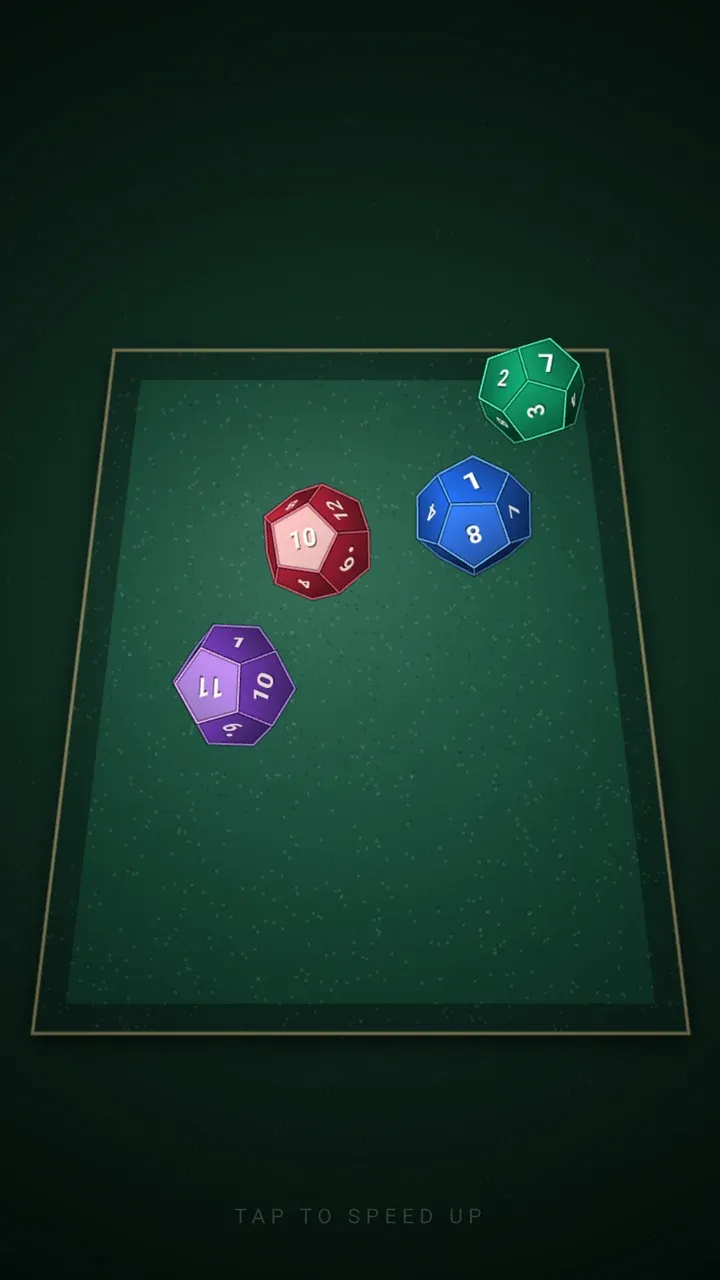 Four twelve-sided dice tumbling across the felt