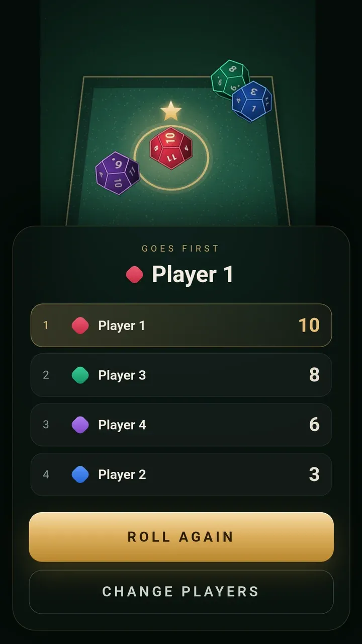 The result — Player 1 goes first, with the whole turn order listed below