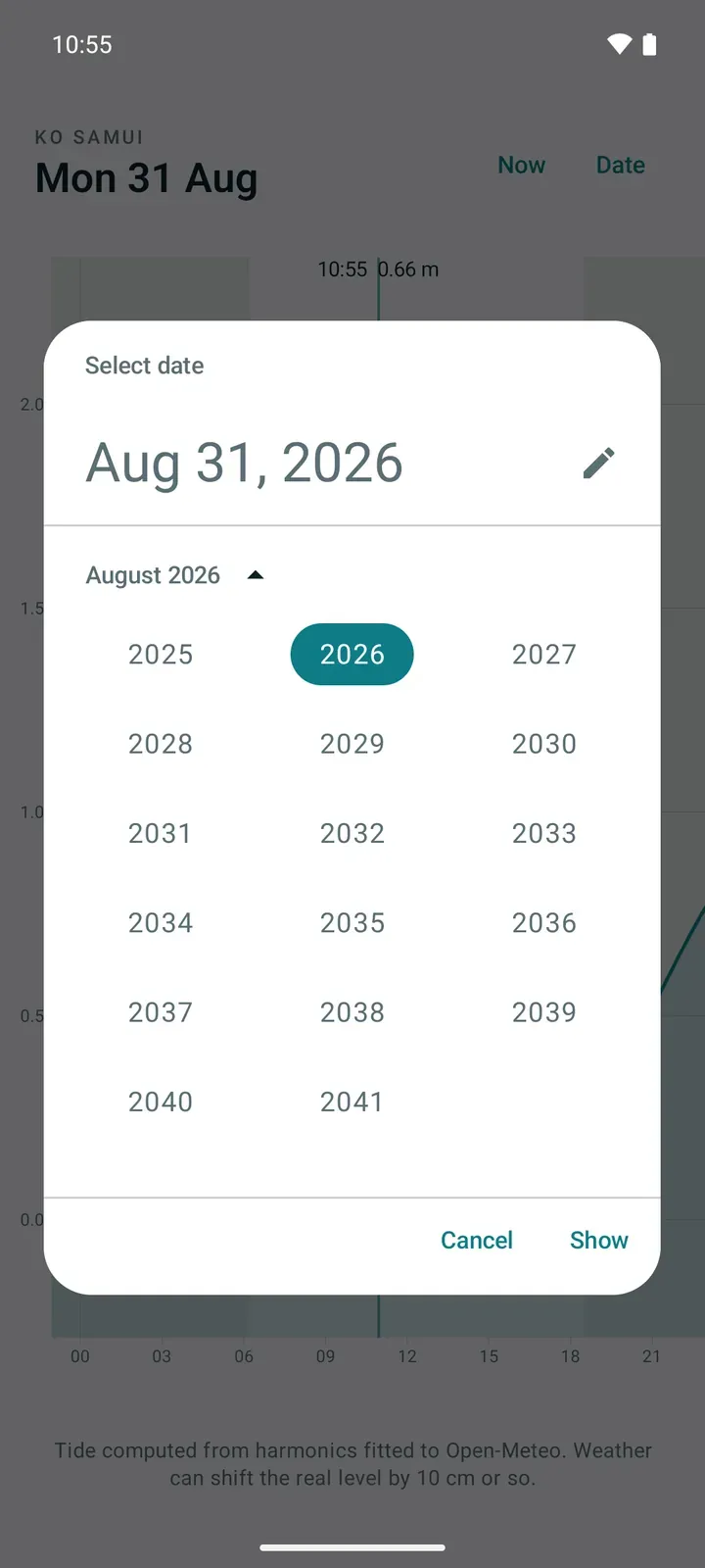 The date picker open on its year grid, offering every year from 2025 to 2041